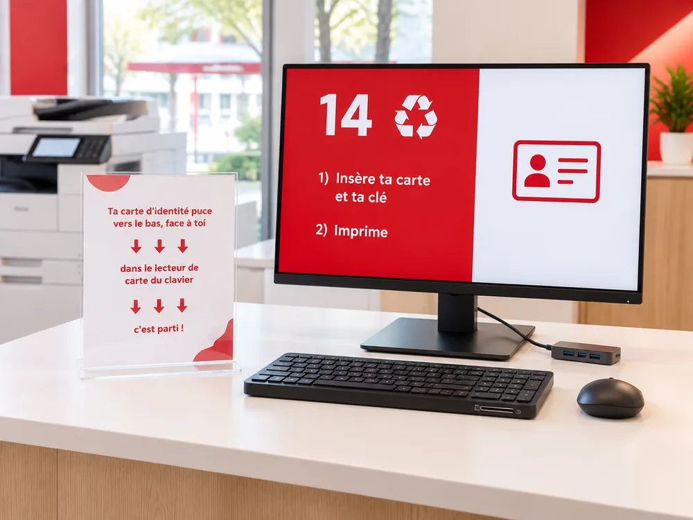 Poste d'impression Ciaco (illustration) : écran, clavier à lecteur de carte et souris, l'étudiant insère sa carte et imprime, relié à la plateforme de copy service