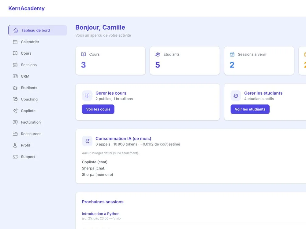 KernAcademy : tableau de bord du coach, cours, étudiants et sessions à venir