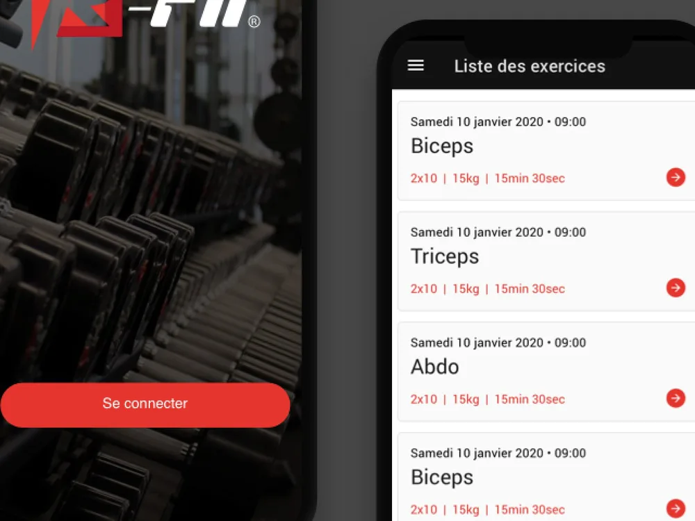 Application R-fit : liste des exercices d'une machine de sport connectée